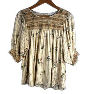 ACOS&A Smocked Bodice Boho Peasant Top Balloon Sleeve Floral Cottage Size XL